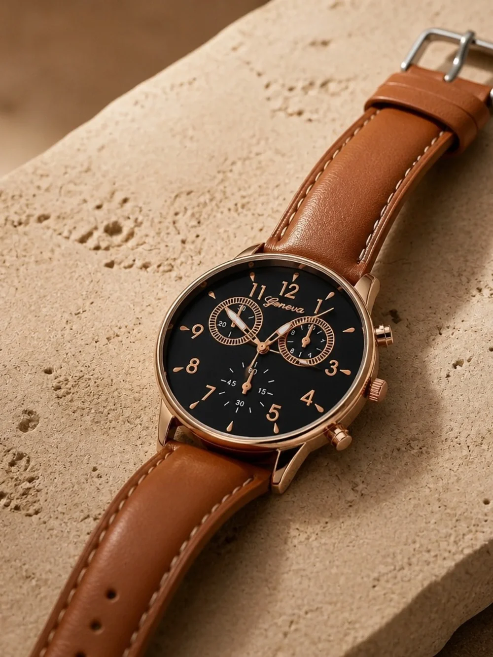 Geneva Men’s Luxury Timepiece 3 Time Zones Tan Color Band Rose Gold 50mm Case